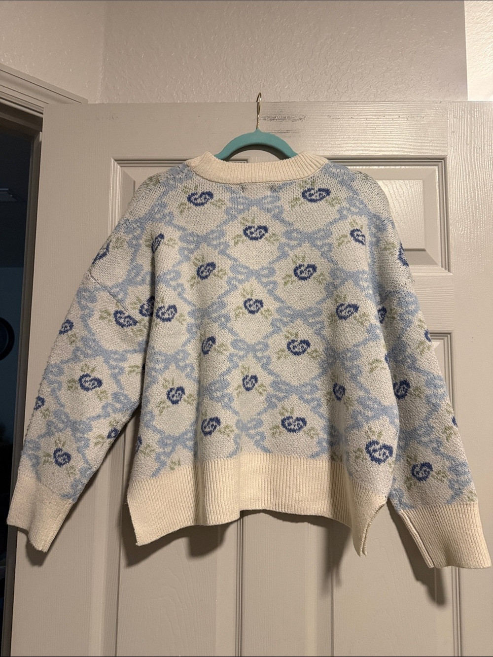 Sincerely Jules Cream Sweater with Light Blue and Navy Floral Pattern, (sold) - Picture 4 of 4